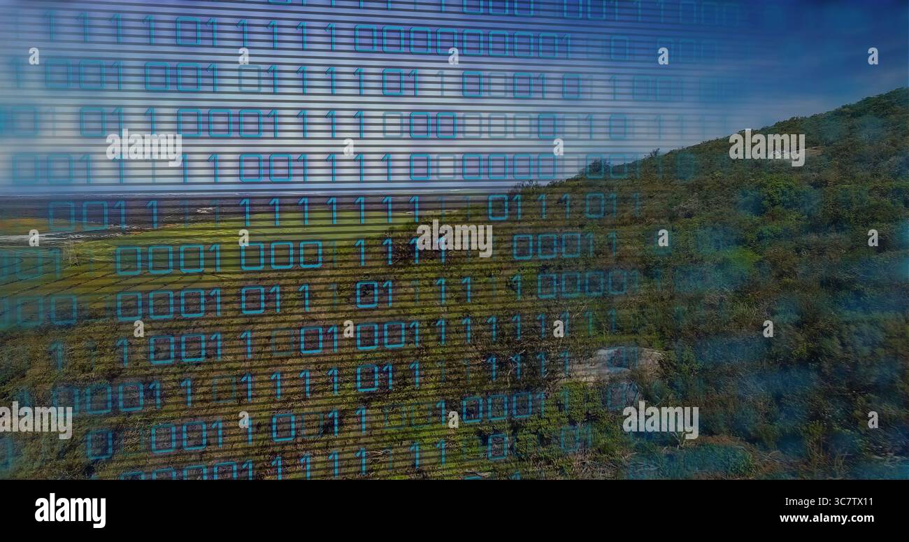 Displaying binary code overlay blending grassy plains, rolling hillside showing glowing blue digits Stock Photo