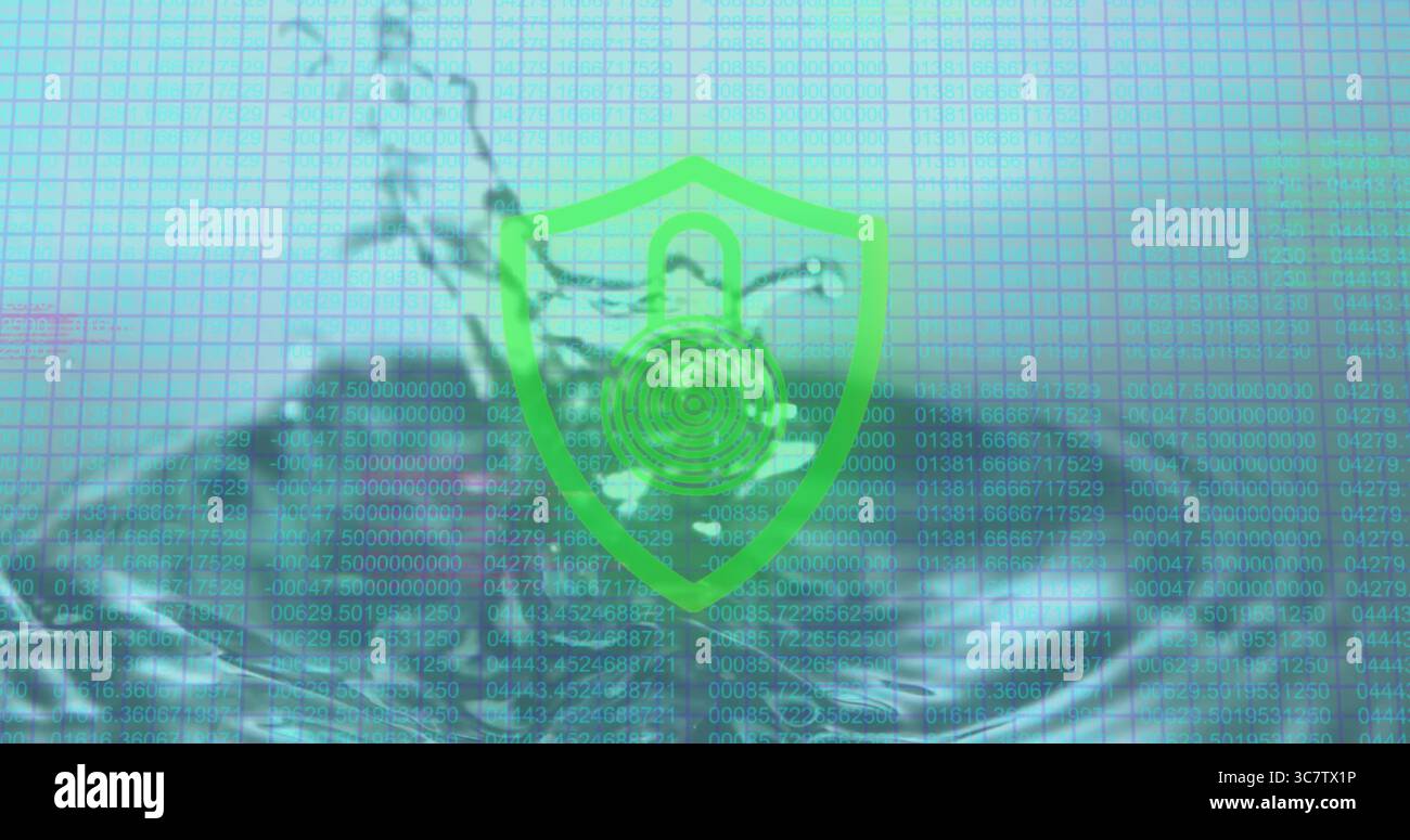 Displaying green shield with padlock and fingerprint over graph grid, merging water and code Stock Photo