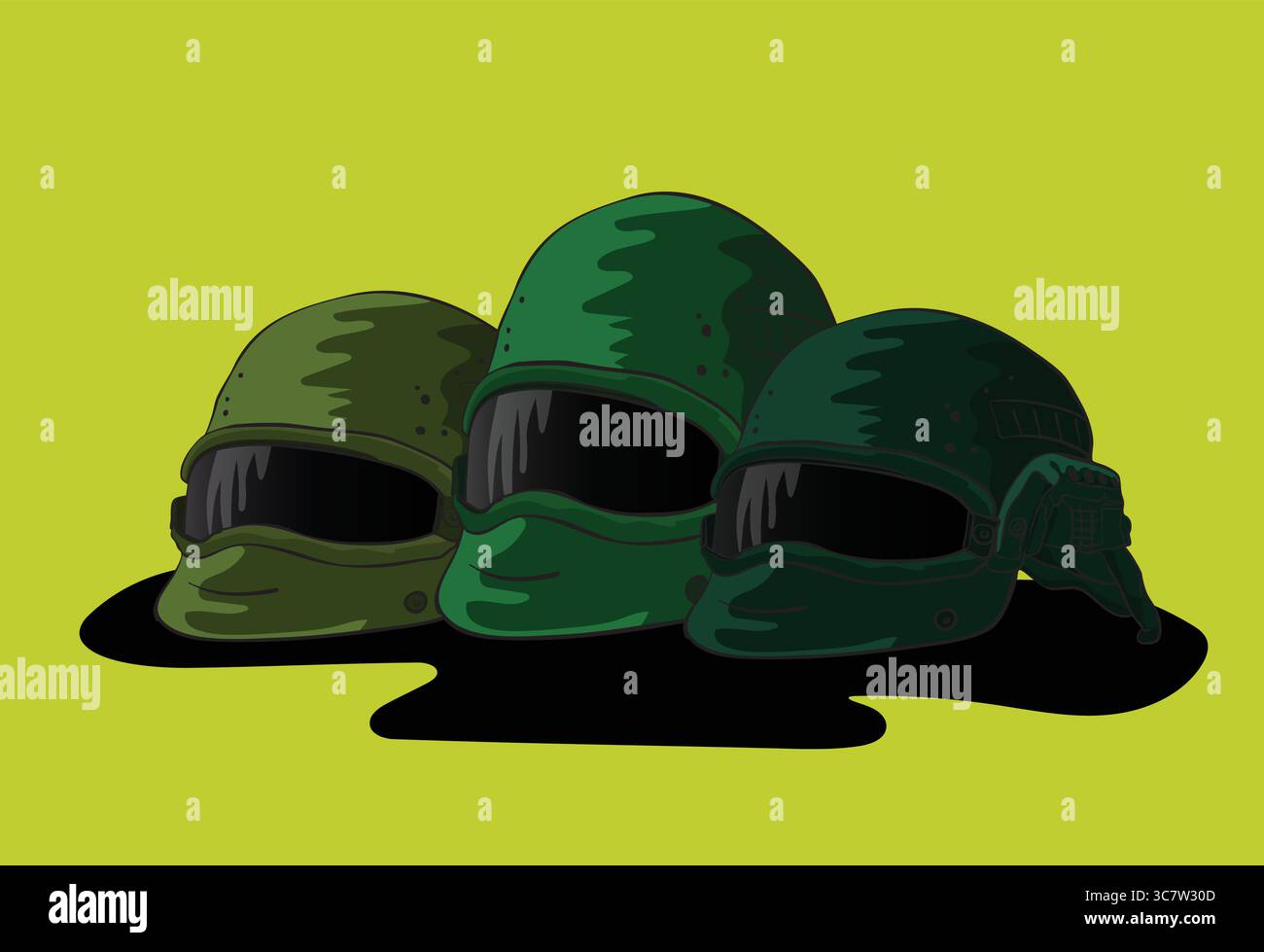 Modern tactical helmet reflecting on dark surface with red background Stock Vector