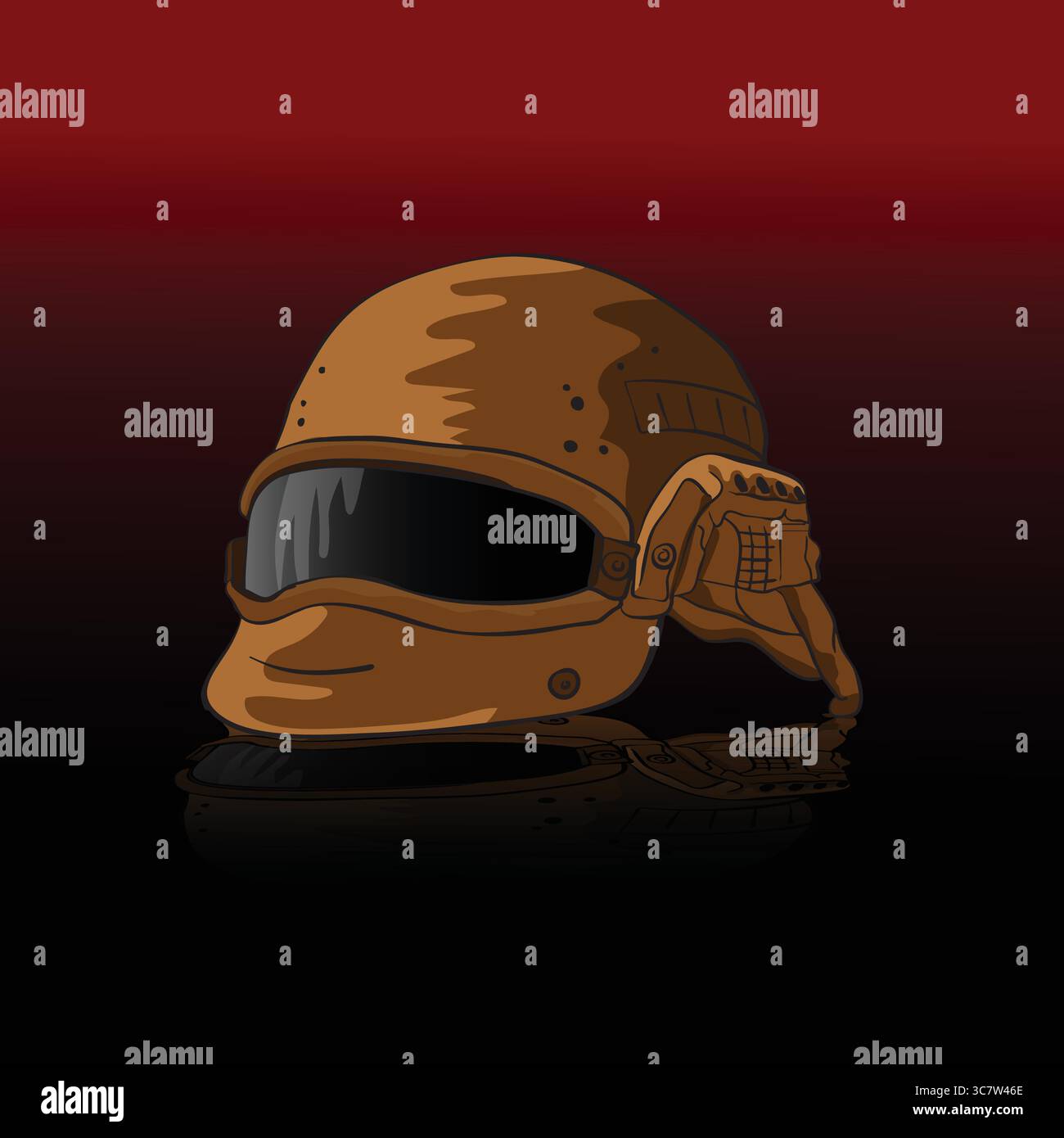 Modern tactical helmet reflecting on dark surface with red background Stock Vector