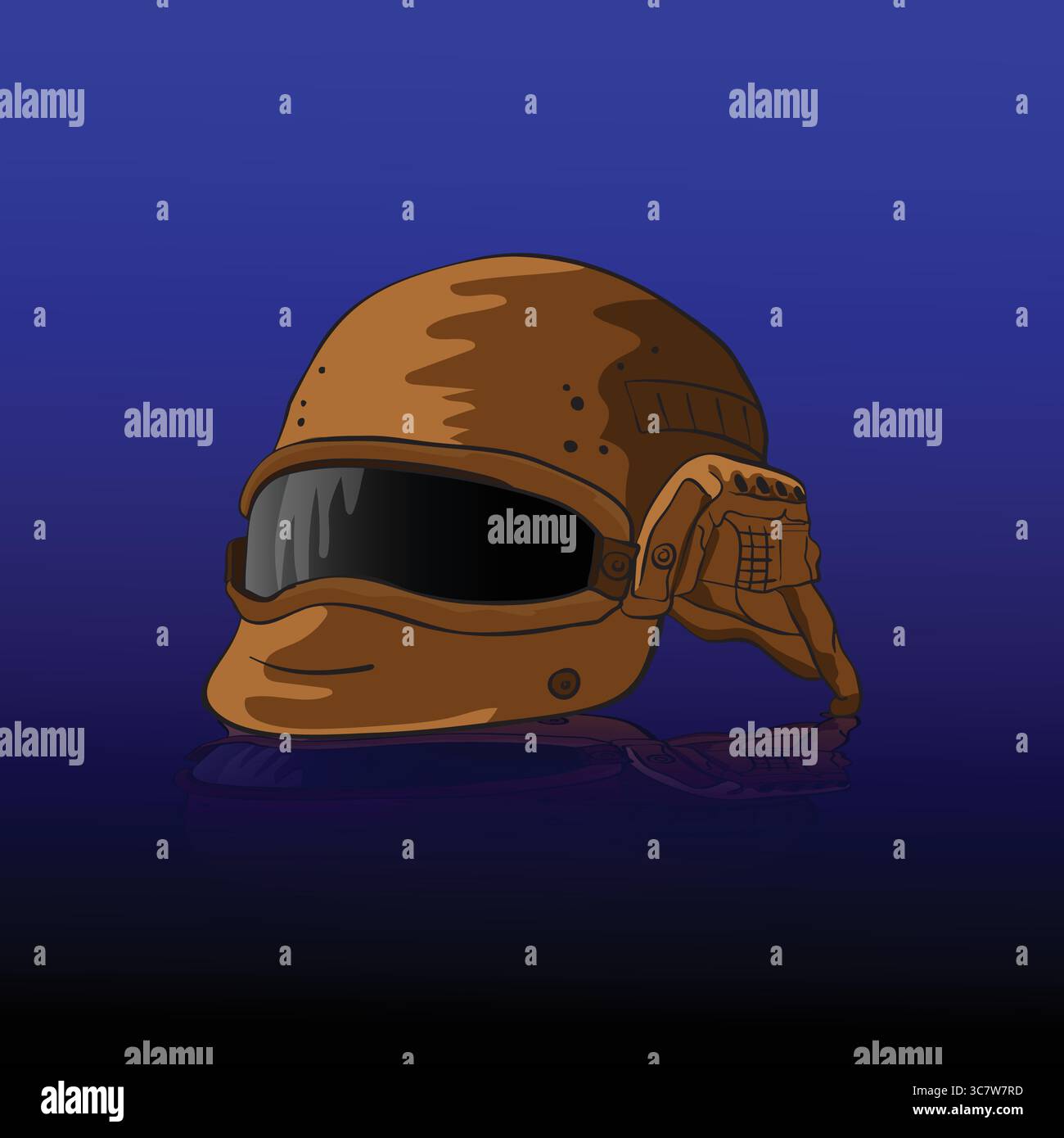 Modern tactical helmet reflecting on dark surface with red background Stock Vector