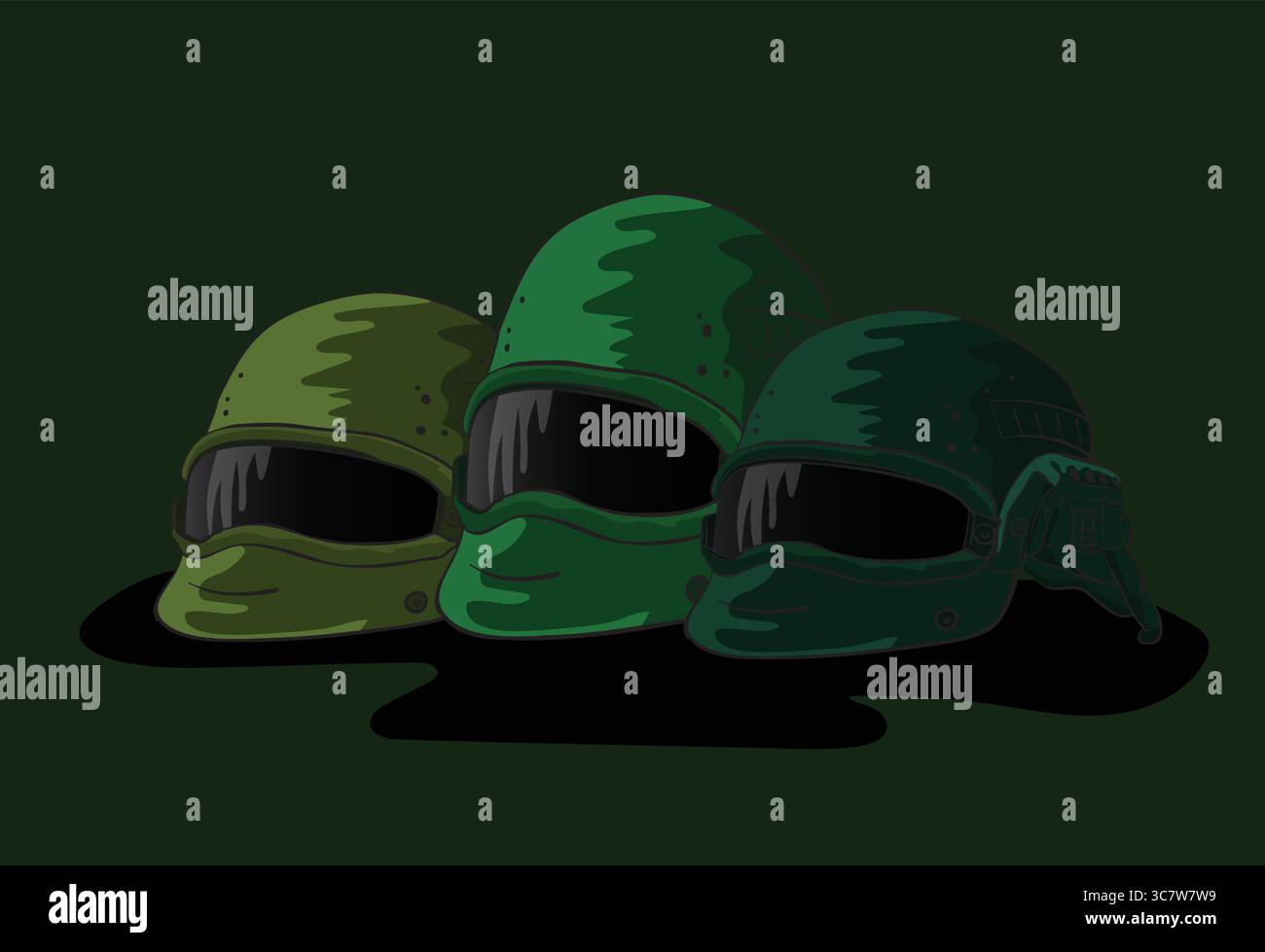 Modern tactical helmet reflecting on dark surface with red background Stock Vector