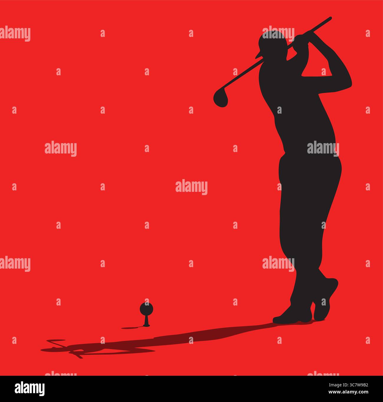 Golfer silhouette teeing off on red background Stock Vector