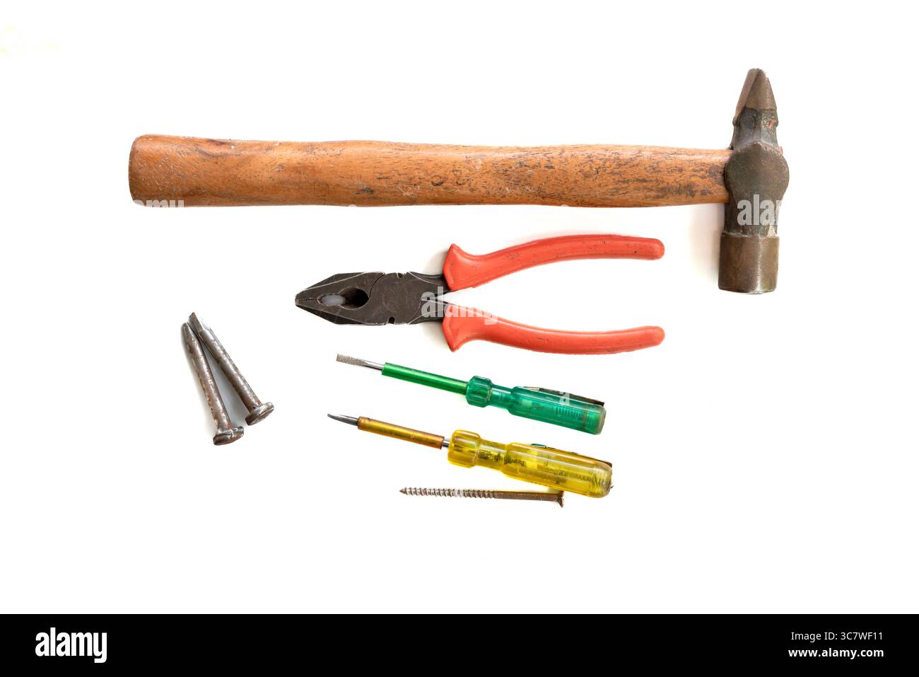 Hammer, Pliers,Tester, nall, screw isolated on white background Stock Photo