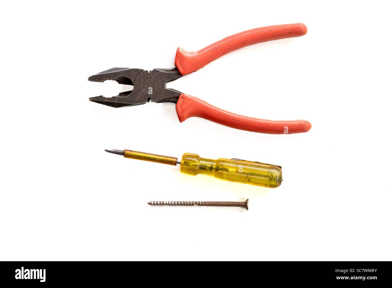 Pliers,Tester, Screw isolated on white background Stock Photo