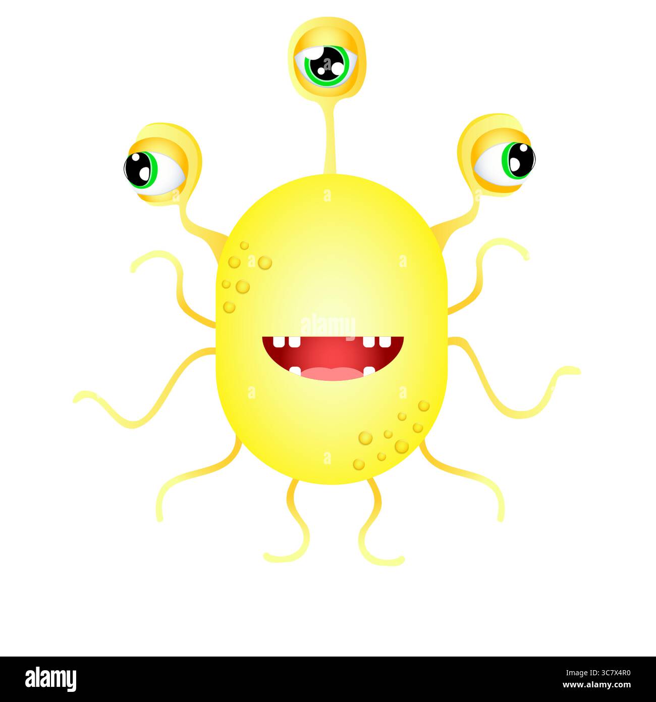 Cute three-eyed cartoon monster with tentacles and big smile Stock Vector