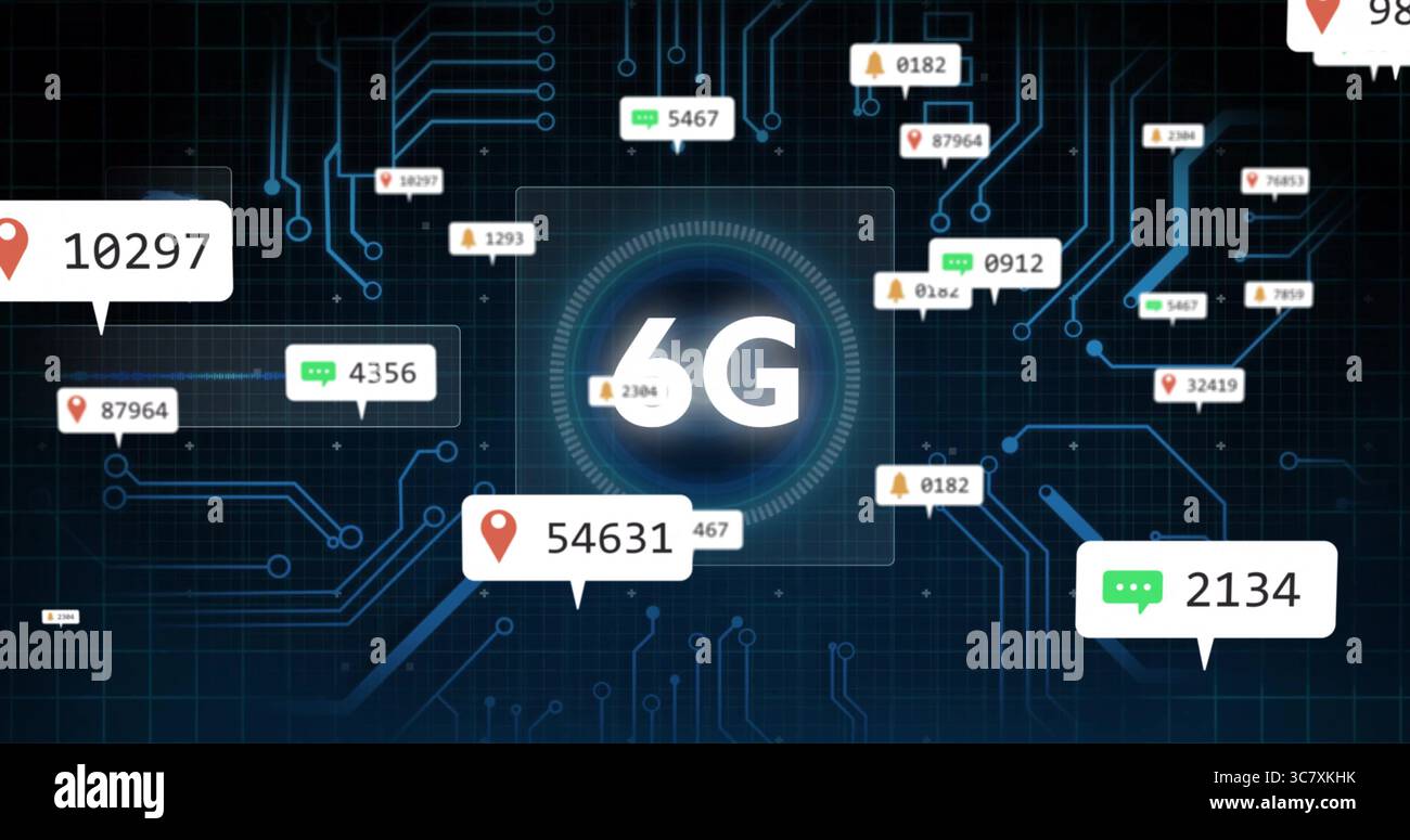 Displaying glowing 6G panel in tech network interface with map-pin, chat-bubble and bell callouts Stock Photo