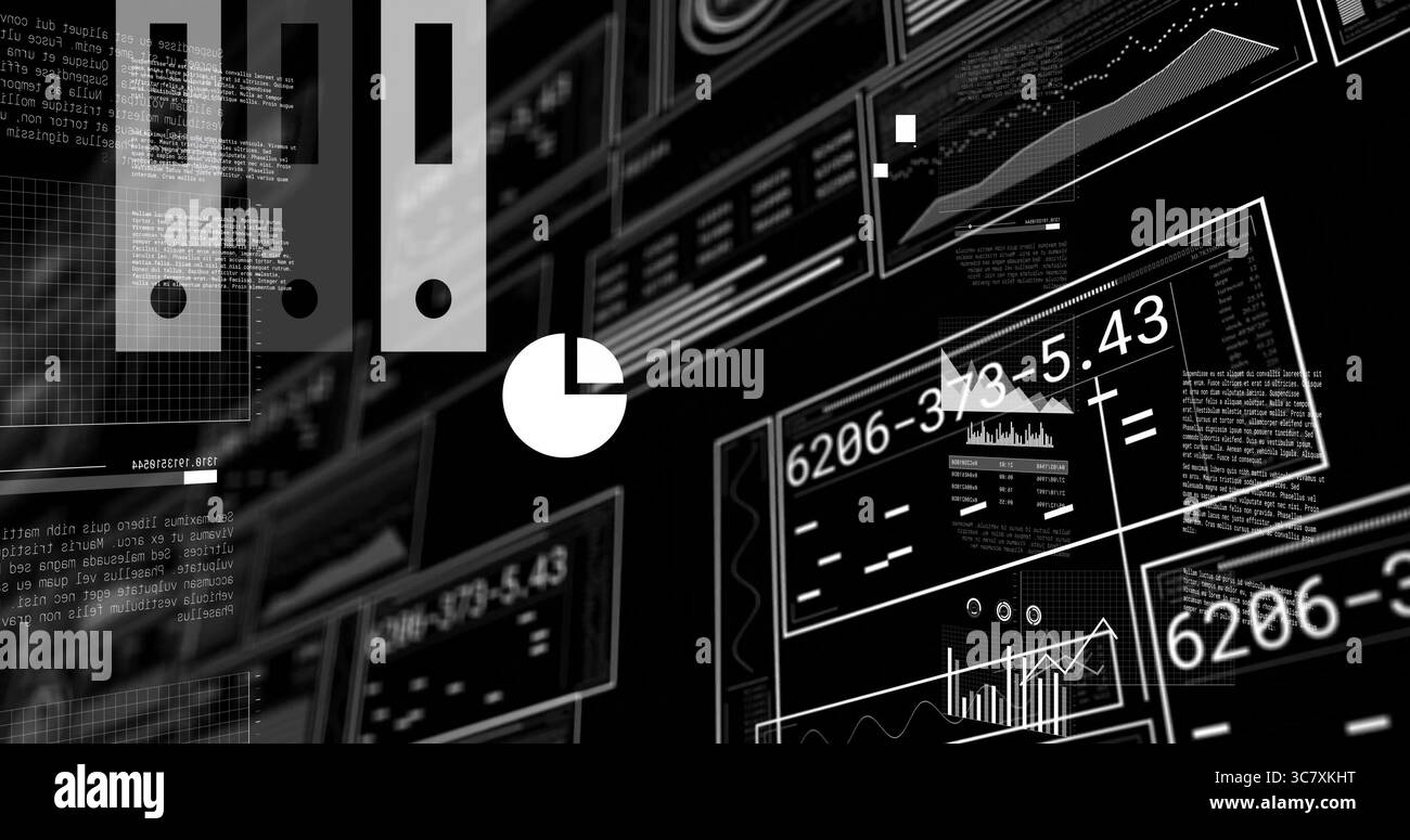 Displaying white pie chart icon hovering over digital interface with binder icons and data panels Stock Photo