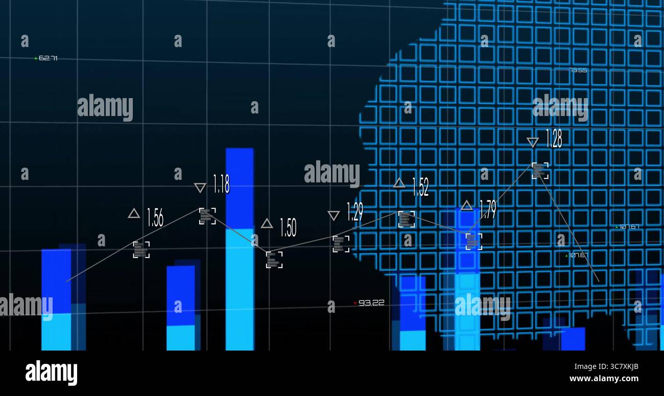 Displaying dashboard data chart showing blue bars and white line graph, numeric labels and grid Stock Photo