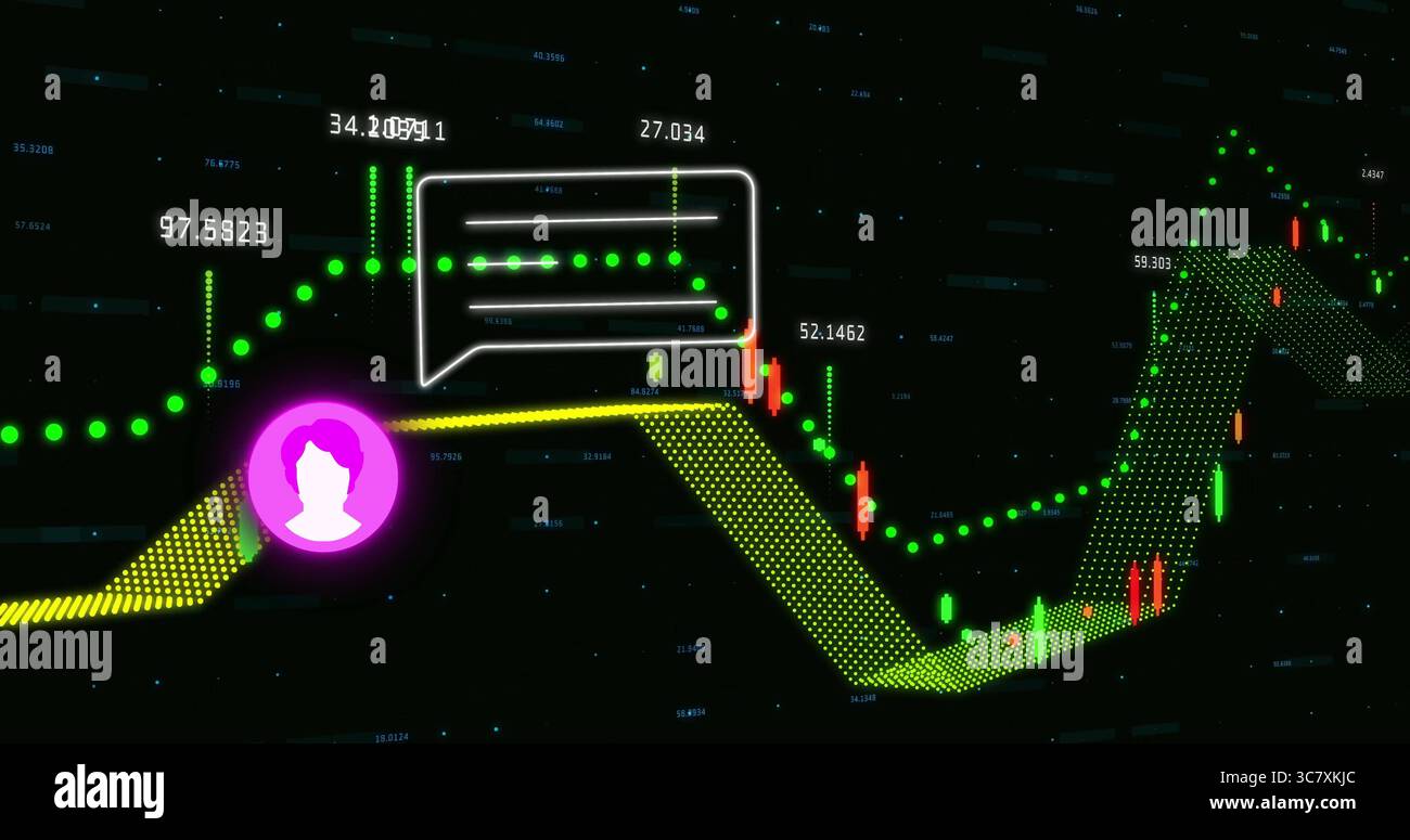Displaying chart showing green line, candlestick bars and chat bubble at trading platform interface Stock Photo