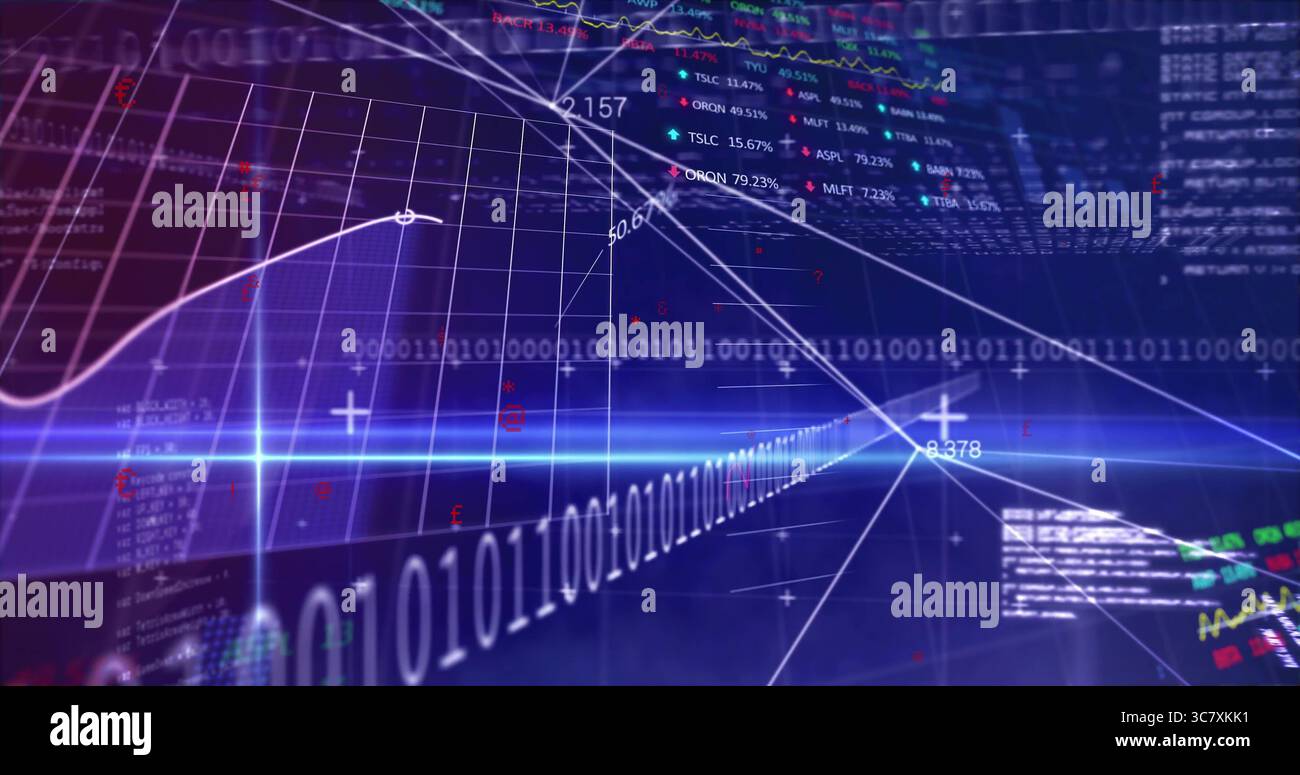 Displaying glowing binary code streams with line graphs in 3D data hub, with numeric overlays Stock Photo