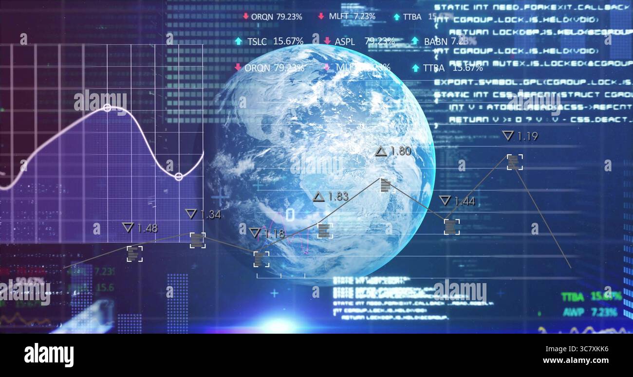 Displaying 3D Earth globe showing data markers and trend lines on dashboard, with code blocks Stock Photo