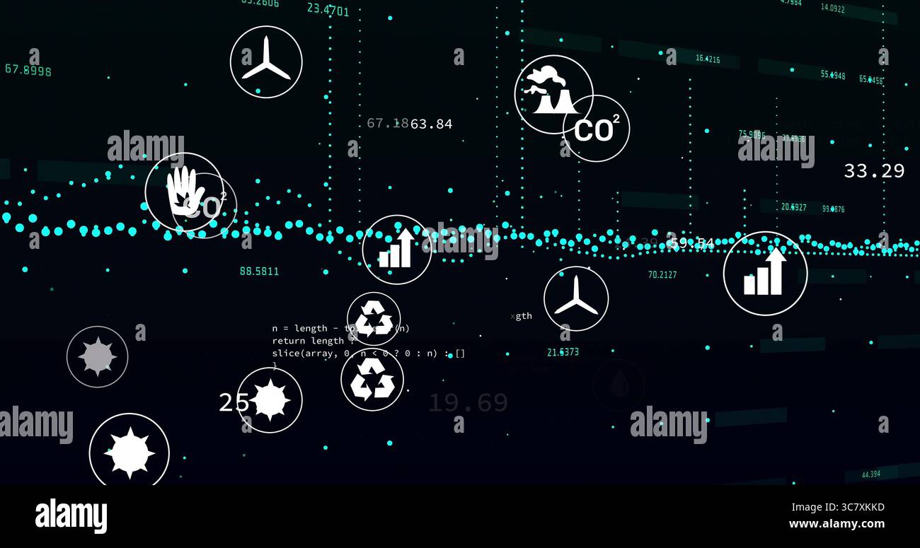 Displaying teal data line linking environmental icons on dark dashboard with code snippet Stock Photo