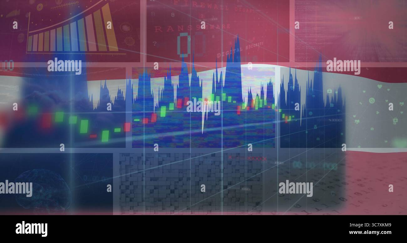 Displaying candlestick chart with line graph over red-white-red backdrop in virtual interface Stock Photo