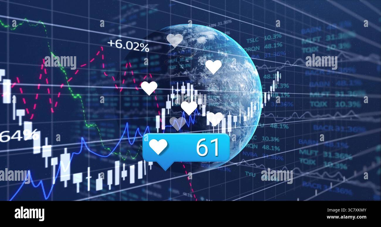 Displaying globe overlaying candlestick and line graphs on data dashboard, with blue heart bubble Stock Photo