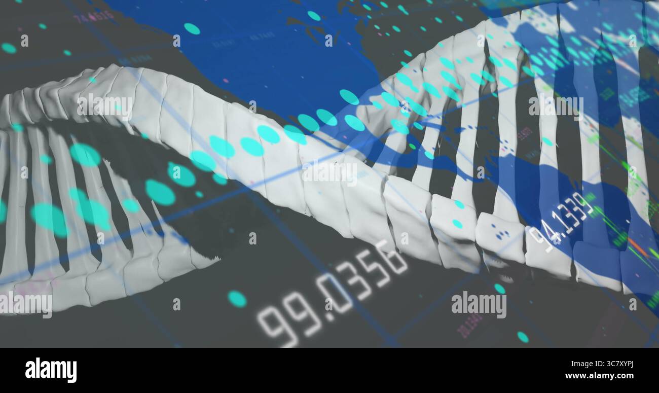 Displaying DNA helix twisting in visualization screen, with numeric data, turquoise dots, gridlines Stock Photo