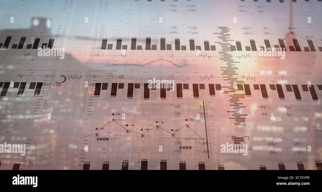 Overlaying data over skyline at dusk, showing bar and line charts ...