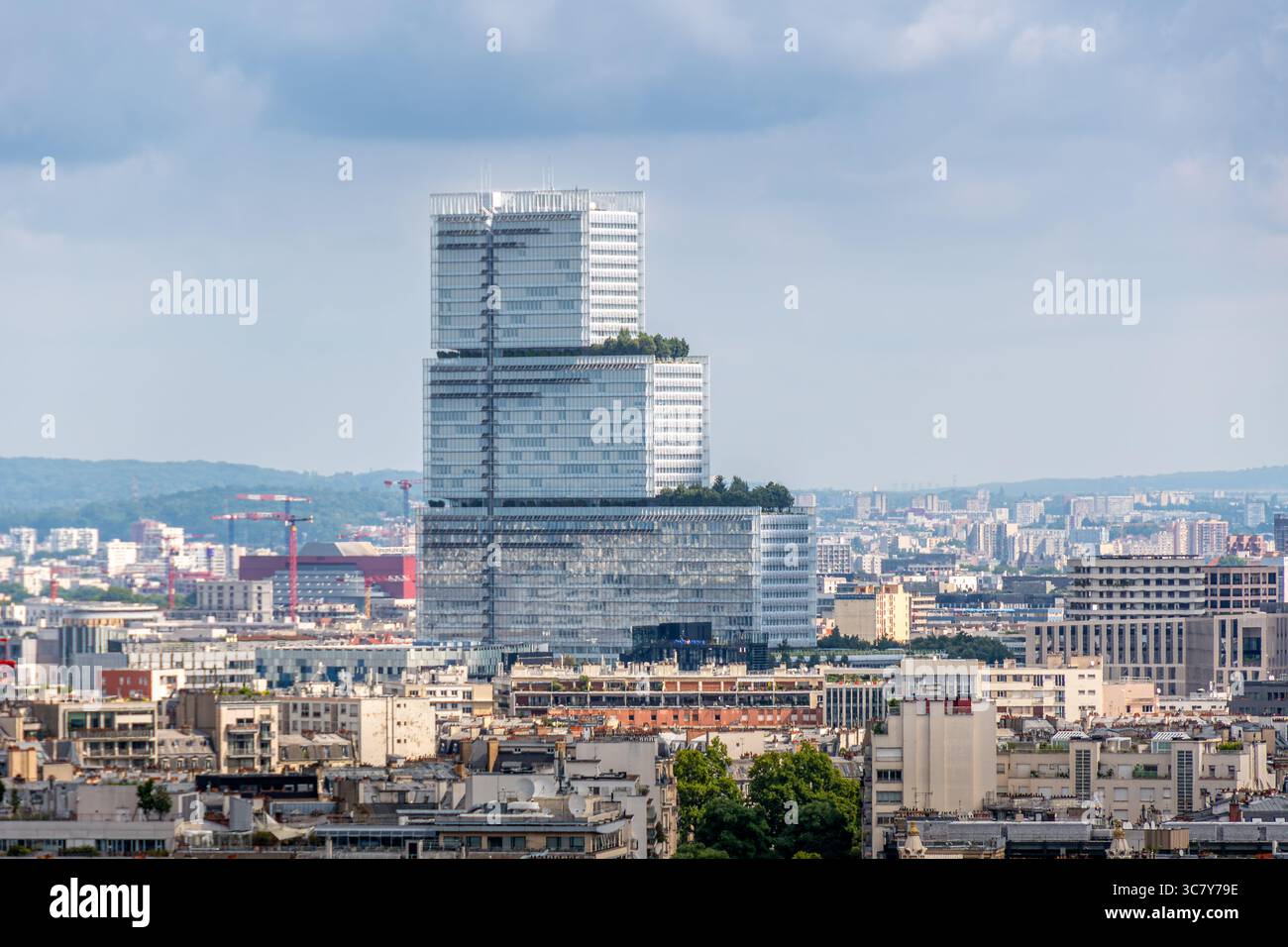 Distant aerial view of the Paris Tribunal building, a courthouse located at Porte de Clichy in Paris, home of the Paris Judicial Court Stock Photo