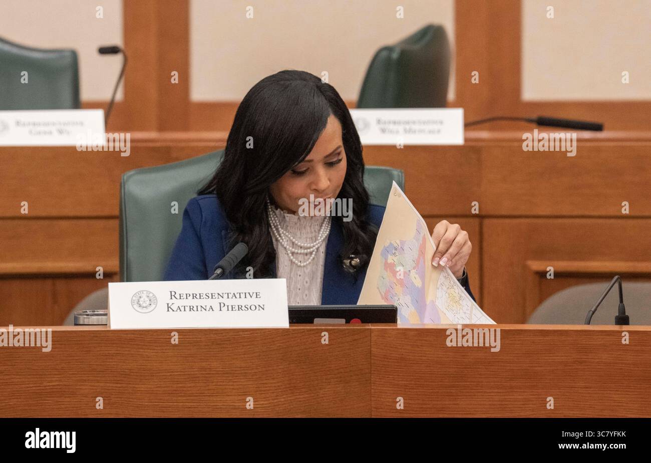 State Rep. Katrina Pierson, R-Rockwall, looks at the maps during the final public hearing of the House Select Committee on Congressional Redistricting at the Texas Capitol on August 1, 2025. Stock Photo