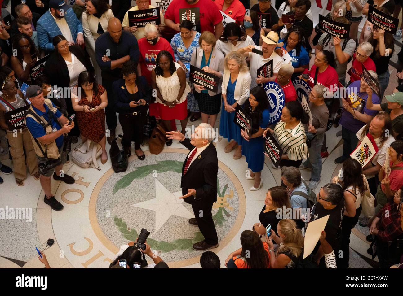 U.S. Congressman Lloyd Doggett leads an anti-redistricting rally before the final public hearing of the House Select Committee on Congressional Redistricting at the Texas Capitol on August 1, 2025. Stock Photo
