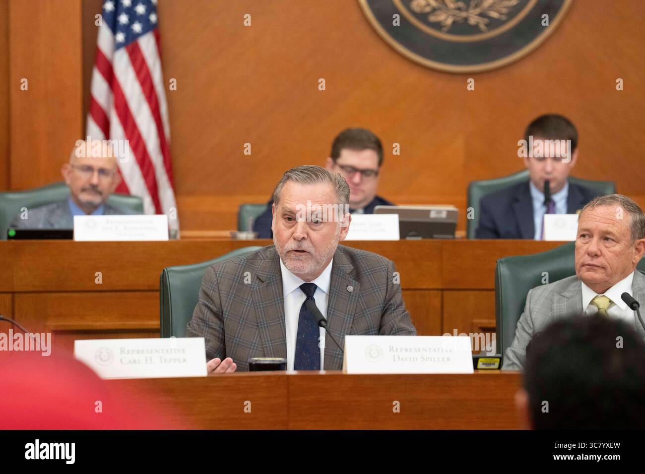 Texas State Rep. David Spiller, R-Jacksboro, asks a question        during the final public hearing of the House Select Committee on Congressional Redistricting at the Texas Capitol on August 1, 2025. Stock Photo