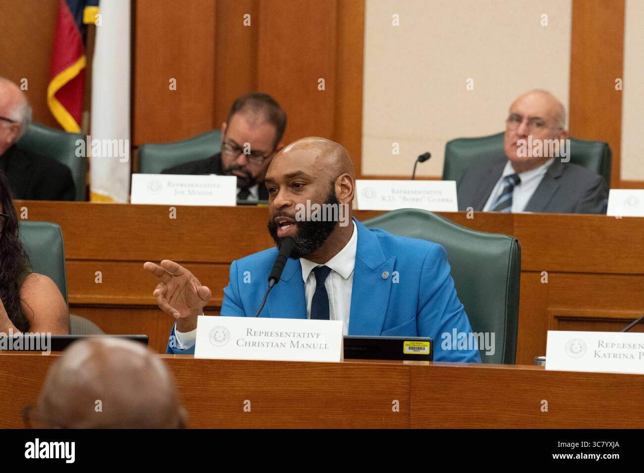Texas State Rep. Christian Manuel, D-Beaumont, asks a question of a witness during the final public hearing of the House Select Committee on Congressional Redistricting at the Texas Capitol on August 1, 2025. Stock Photo