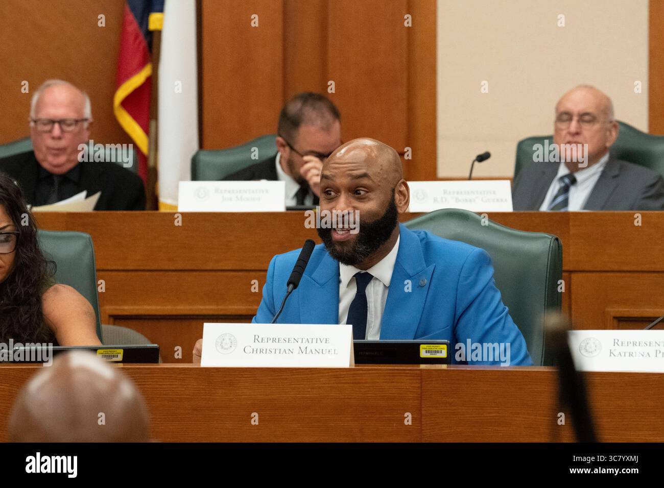 Texas State Rep. Christian Manuel, D-Beaumont, asks a question of a witness during the final public hearing of the House Select Committee on Congressional Redistricting at the Texas Capitol on August 1, 2025. Stock Photo