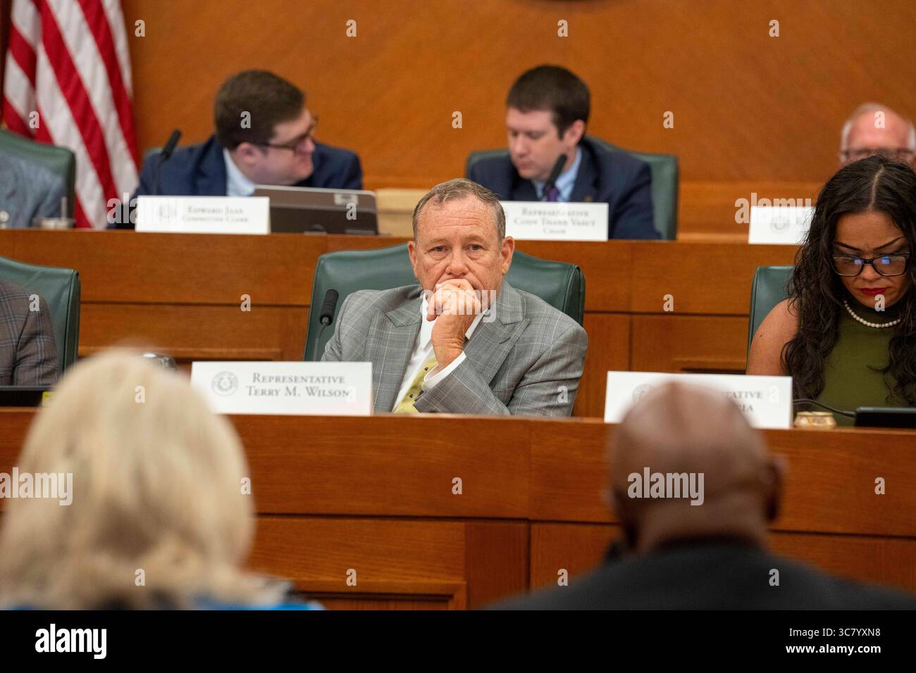 Texas State Rep. Terry Wilson, R-Marble Falls, listens during the final public hearing of the House Select Committee on Congressional Redistricting at the Texas Capitol on August 1, 2025. Stock Photo