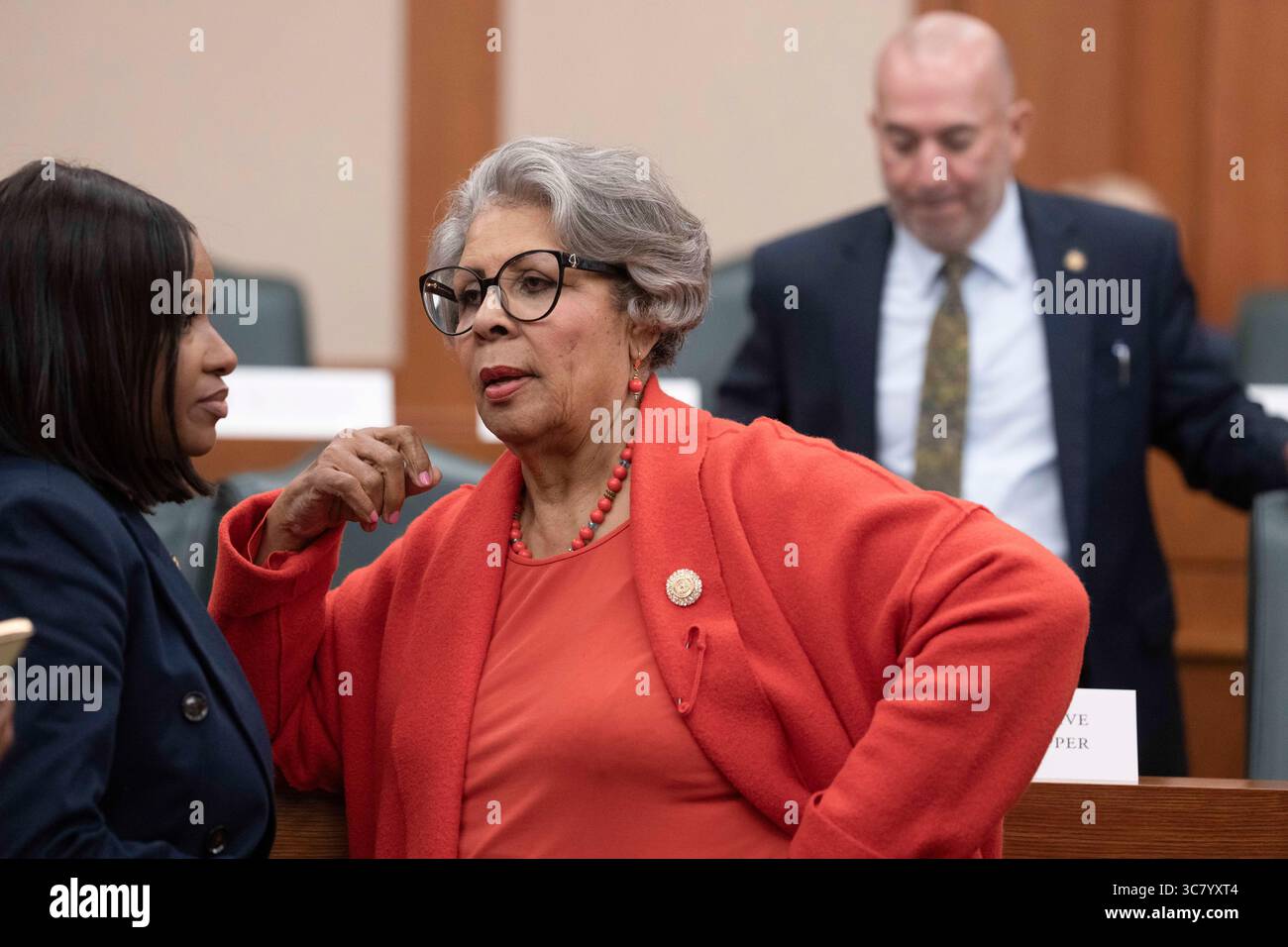 State Rep. Senfronia Thompson, D-Houston, talks to a guest after the final public hearing of the House Select Committee on Congressional Redistricting at the Texas Capitol on August 1, 2025. Stock Photo