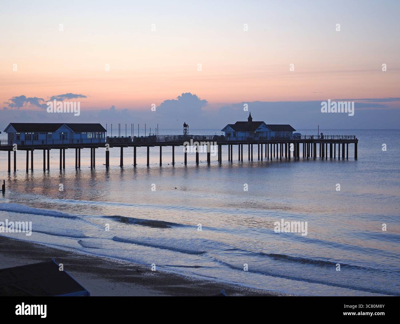View of the pier at Southwold, Suffolk, at Sunrise Stock Photo