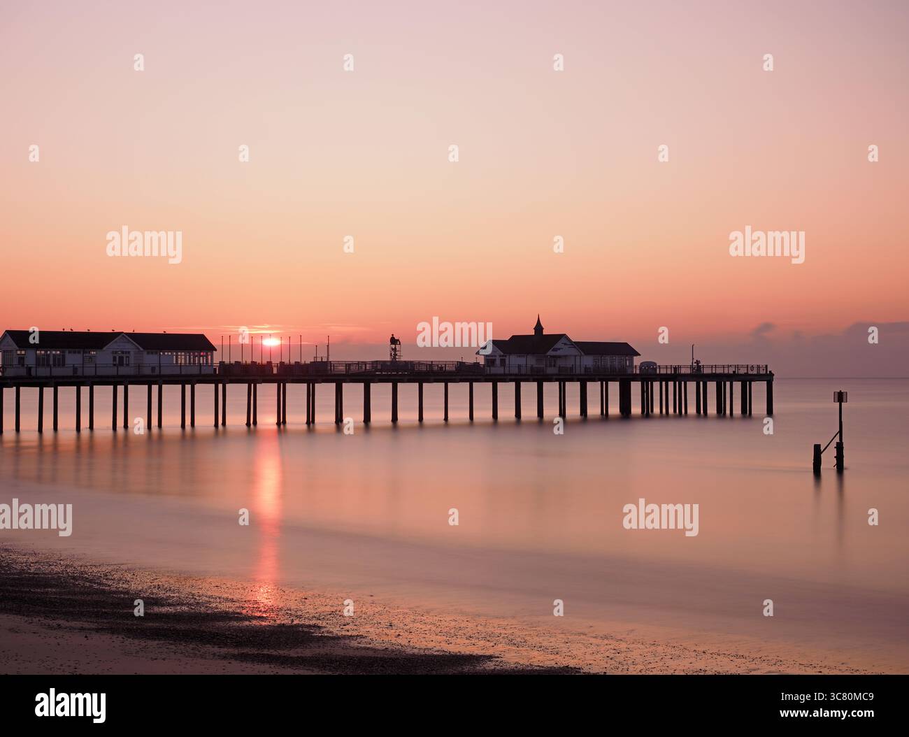 View of the pier at Southwold, Suffolk, at Sunrise Stock Photo