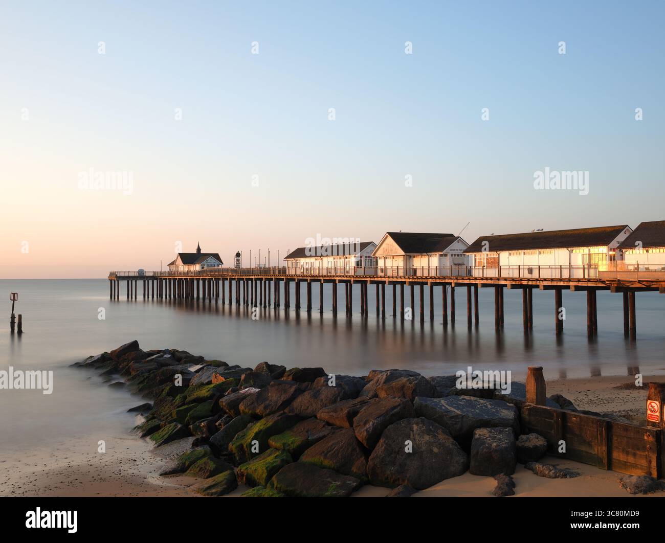 View of the pier at Southwold, Suffolk, at Sunrise Stock Photo