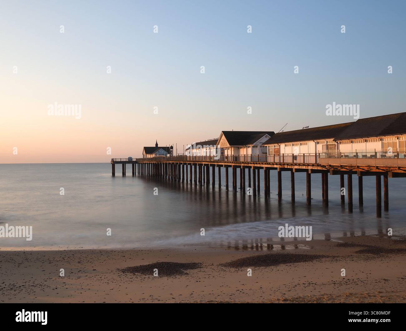 View of the pier at Southwold, Suffolk, at Sunrise Stock Photo