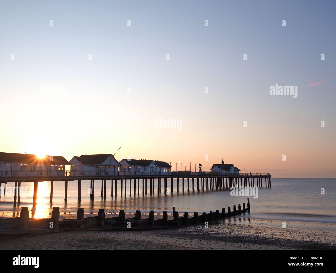 View of the pier at Southwold, Suffolk, at Sunrise Stock Photo