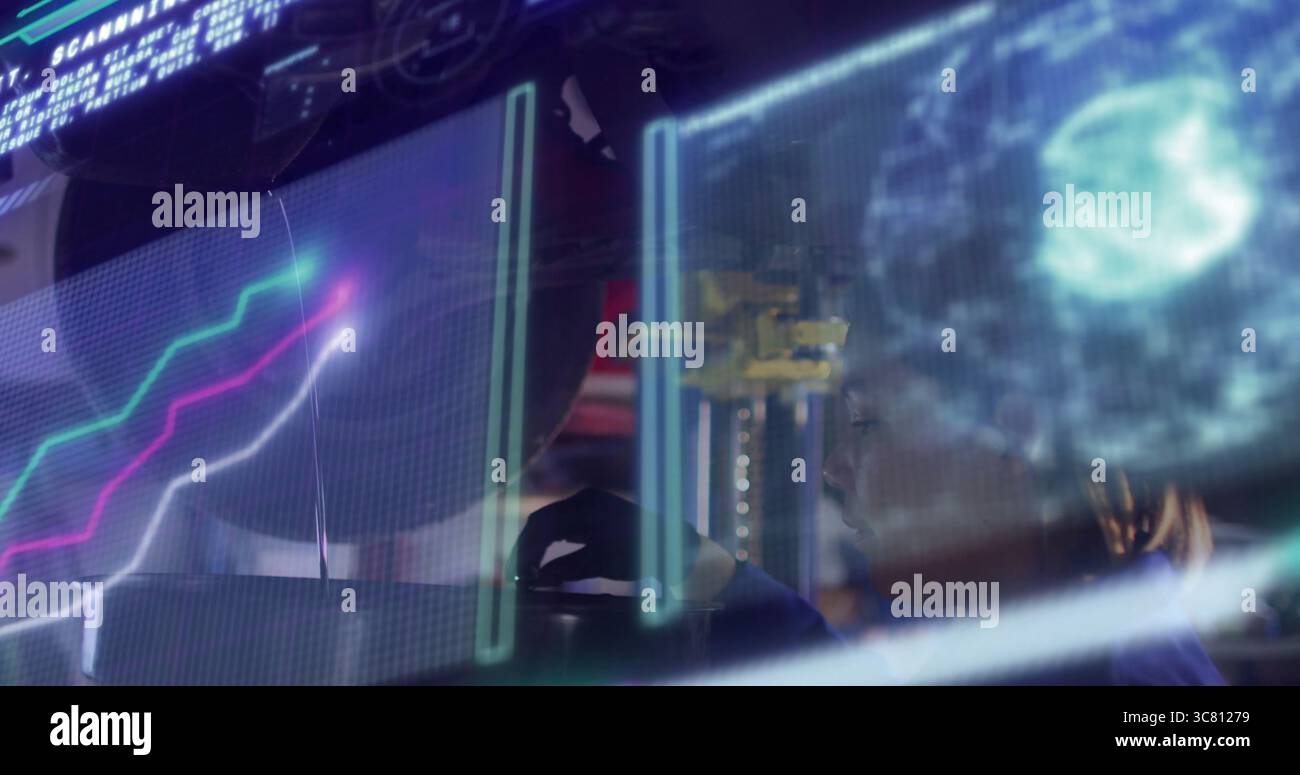 Monitoring technician adjusting data on digital screens in lab with hologram globe, copy space Stock Photo