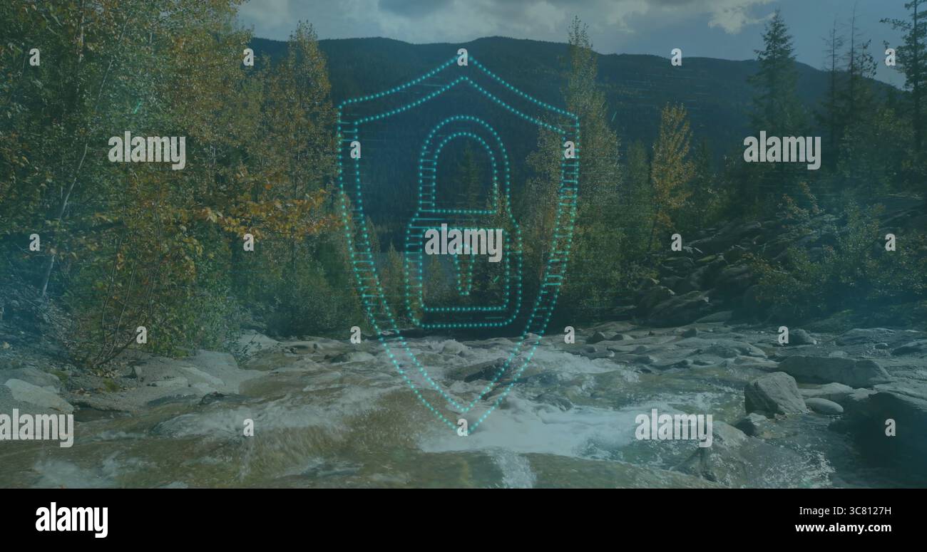 Floating translucent shield containing padlock icon over mountain stream rapids, with pine trees Stock Photo