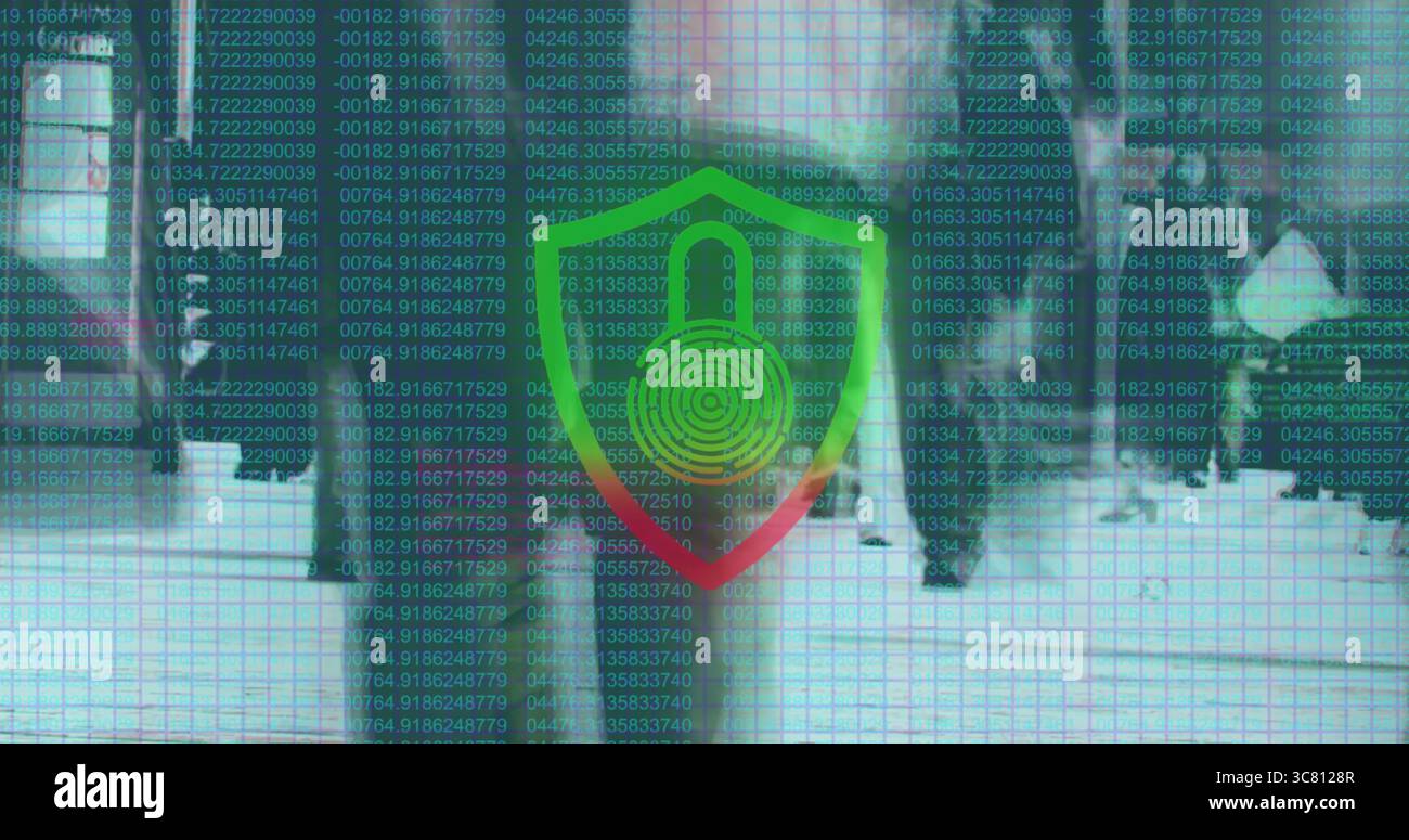 Displaying translucent shield graphic hovering over office corridor, with cascading numeric data Stock Photo