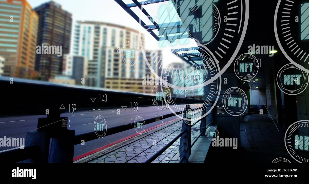 Floating holographic NFT icons hovering over urban transit platform ...