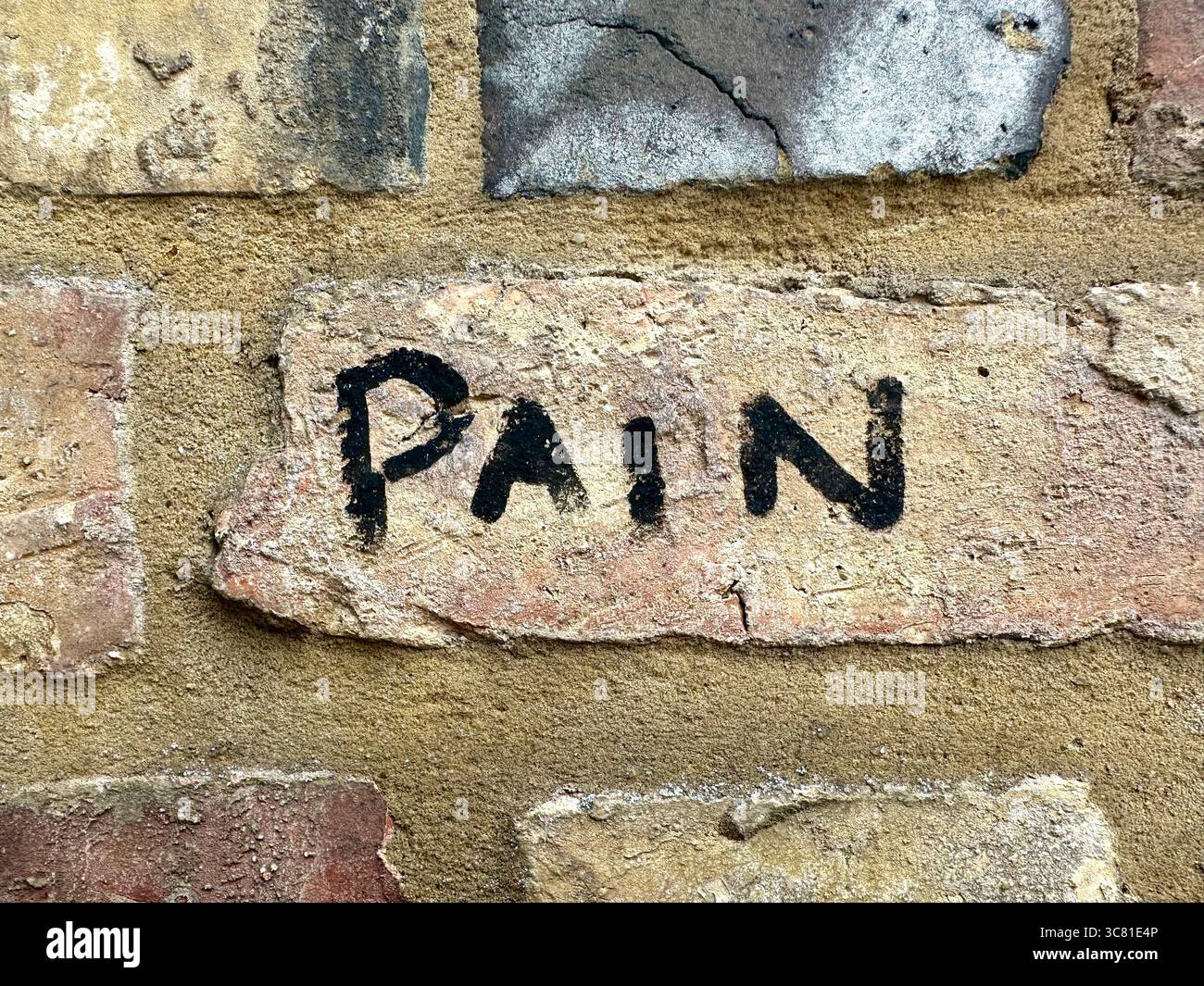 The word pain written on a brick wall - Smartphone Captured Stock Image