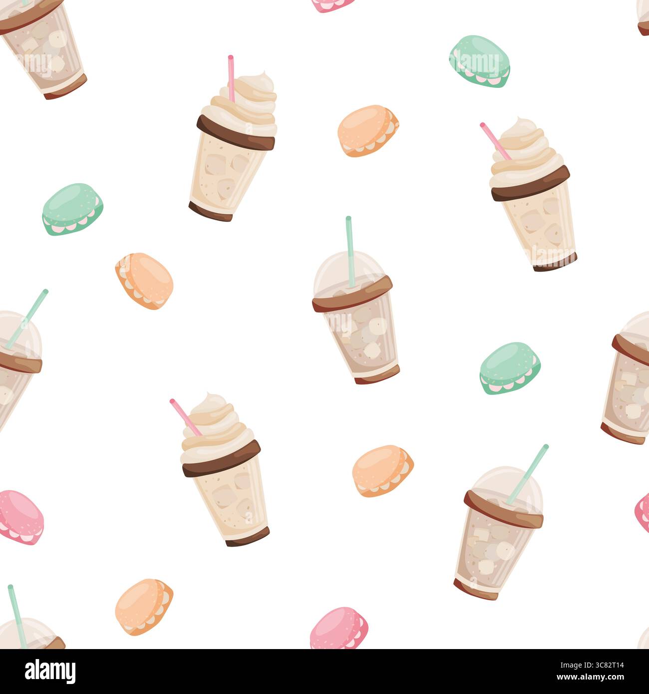 Seamless pattern with coffee drinks and macarons Stock Vector