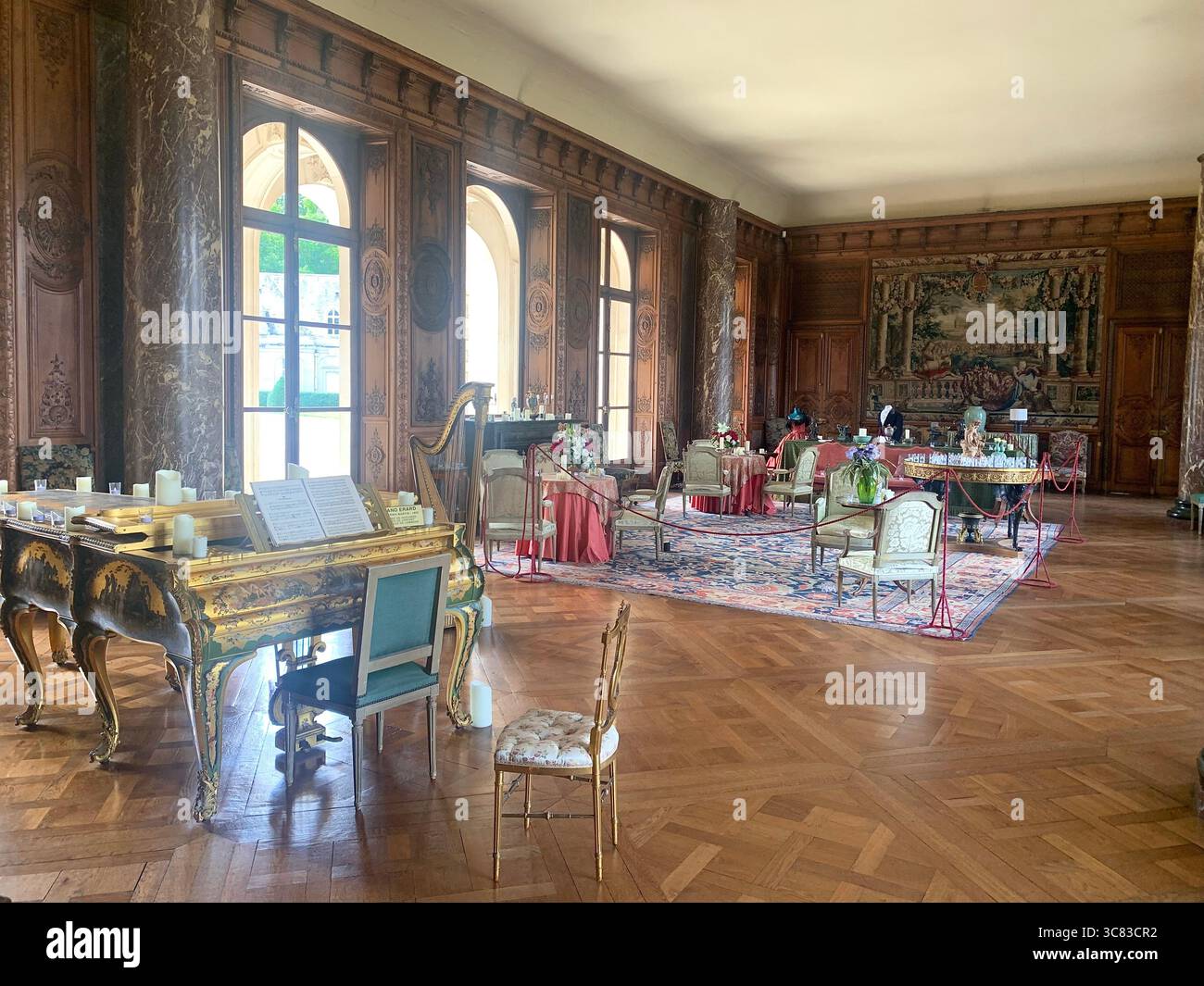 Chateau Bizi France French monument historic place gardens museum old ancient fountain water lake piano harp playing play people performance - Smartphone Captured Stock Image