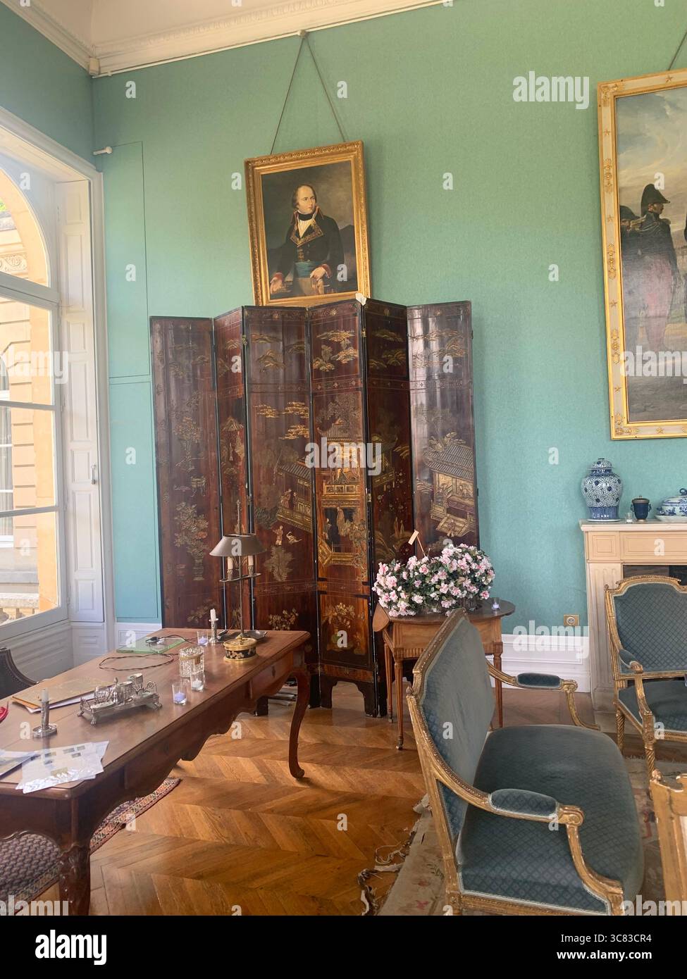 Chateau Bizi France French monument historic place gardens museum old ancient fountain water lake piano harp playing play people performance - Smartphone Captured Stock Image