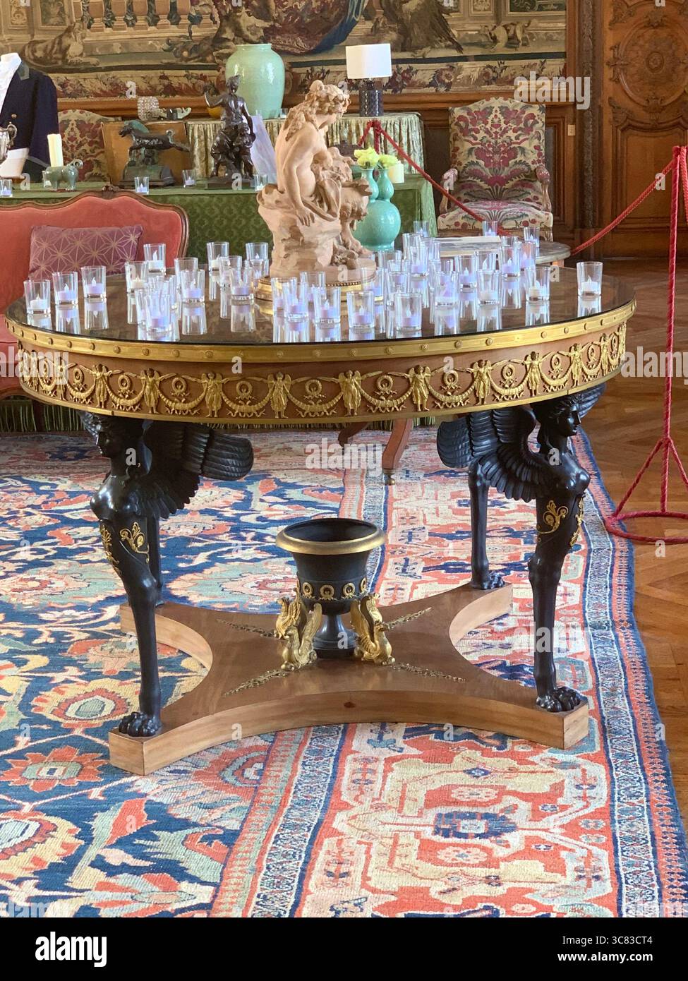 Chateau Bizi France French monument historic place gardens museum old ancient fountain water lake piano harp playing play people performance - Smartphone Captured Stock Image