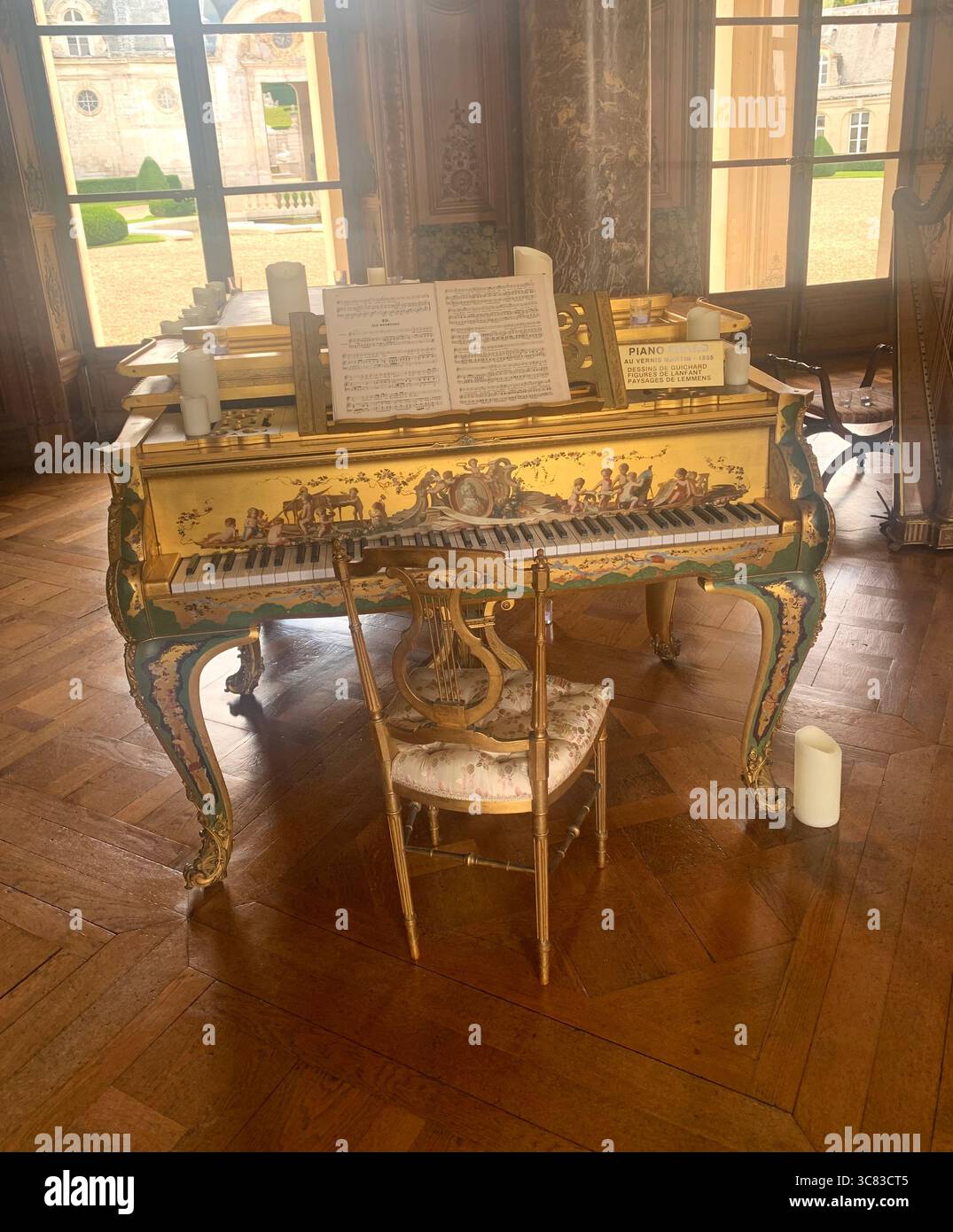 Chateau Bizi France French monument historic place gardens museum old ancient fountain water lake piano harp playing play people performance - Smartphone Captured Stock Image