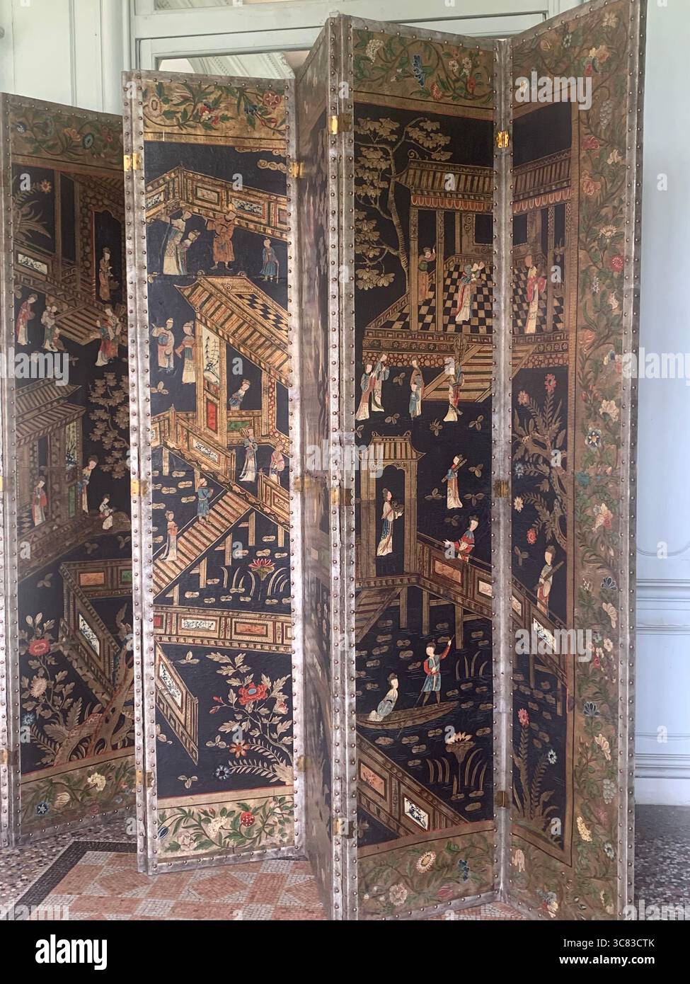 Chateau Bizi France French monument historic place gardens museum old ancient fountain water lake piano harp playing play people performance - Smartphone Captured Stock Image