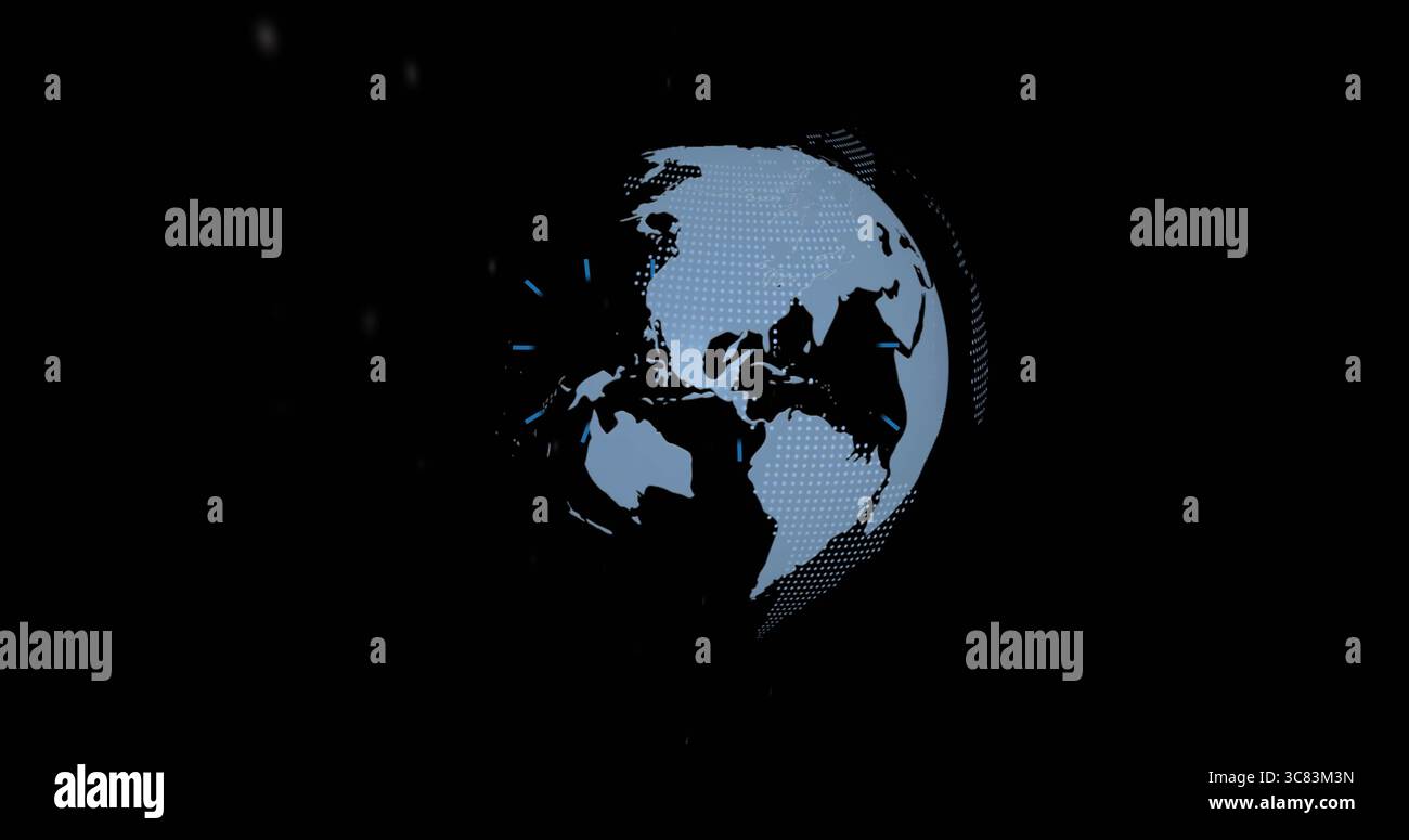 Rotating stylized globe glowing in dark digital void, with muted blue continents halftone texture Stock Photo