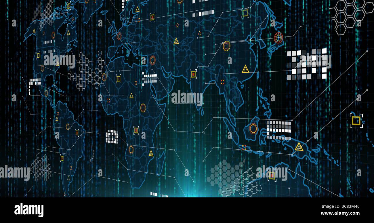 Displaying digital world map tracing data nodes and links on code dashboard, glowing teal accent Stock Photo