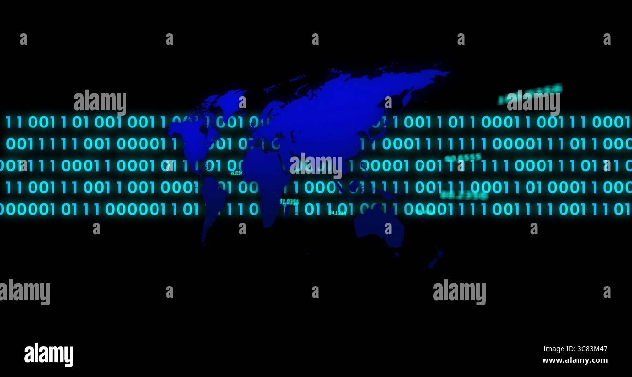 Displaying glowing blue world map silhouette on digital interface, with green binary code streams Stock Photo