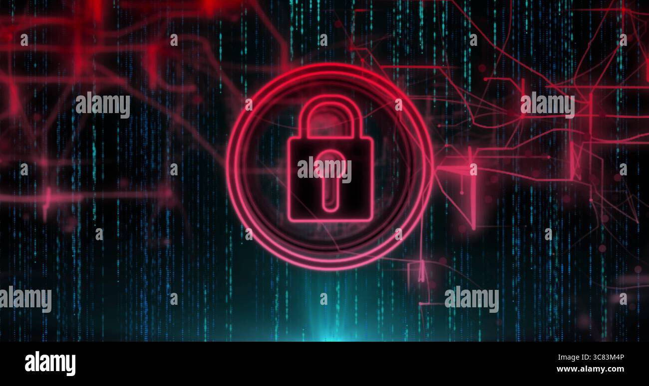 Highlighting neon red padlock icon glowing on virtual grid, streaming teal code and red circuits Stock Photo