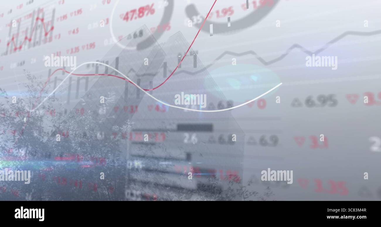 Displaying financial data visualization over city skyline, featuring line graphs and bar charts Stock Photo